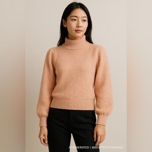 Vero Moda Peachy Pink High-Neck Soft Knit Sweater Puff Sleeve Medium